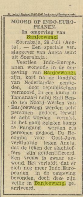 Alg Indisch Dagblad 30 07 1947 Banjoewangi Bersiapmoorden