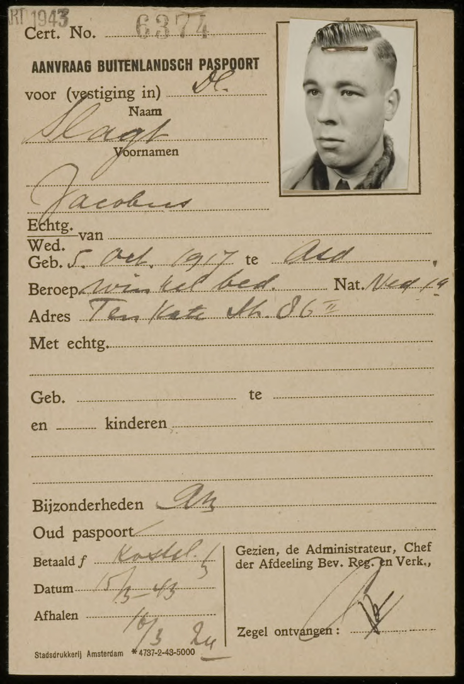 Jacobus Slagt1917 Paspoort