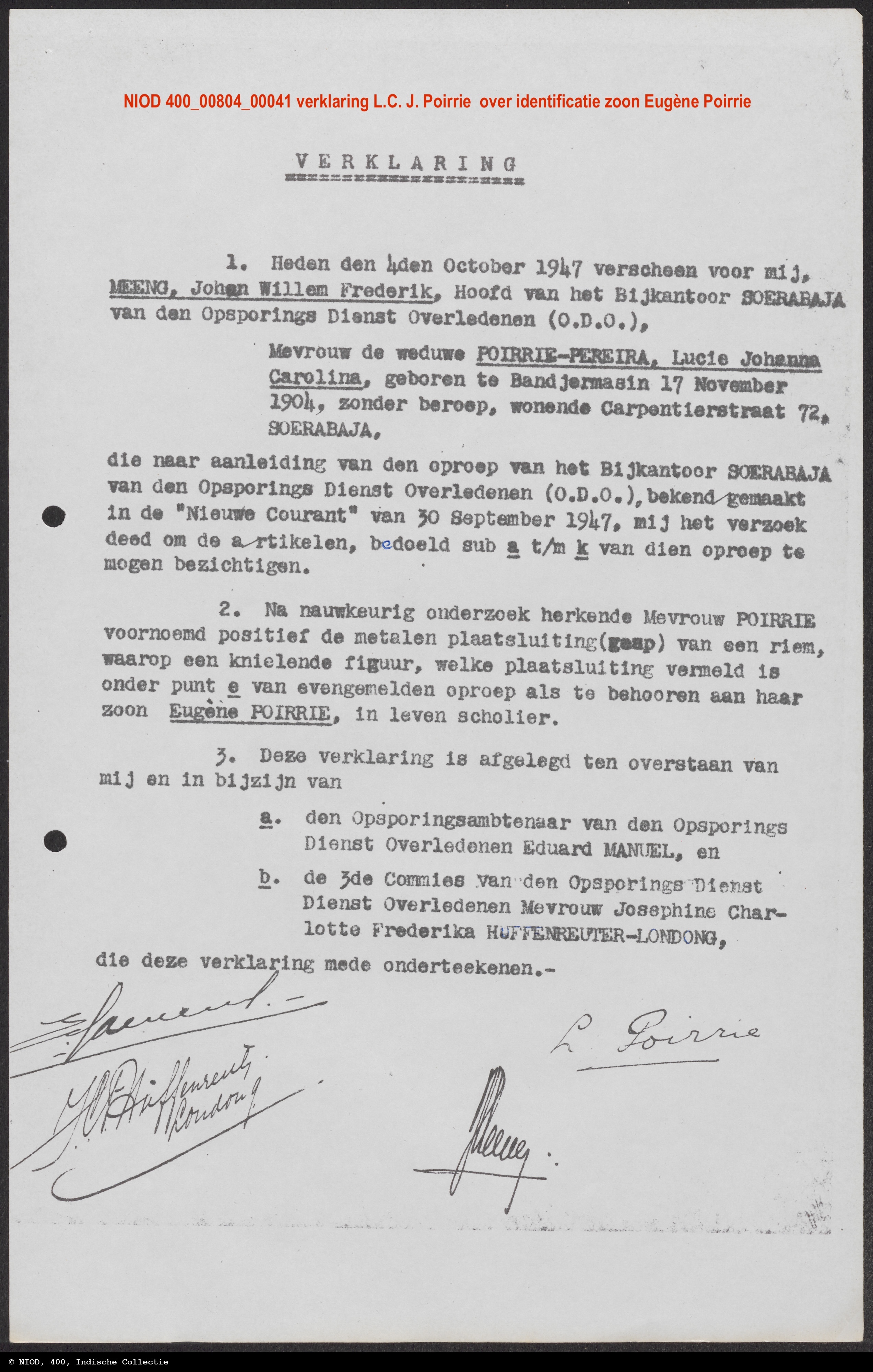 NIOD 400 00804 00041 verklaring L C J Poirrie over identificatie zoon E Poirrie