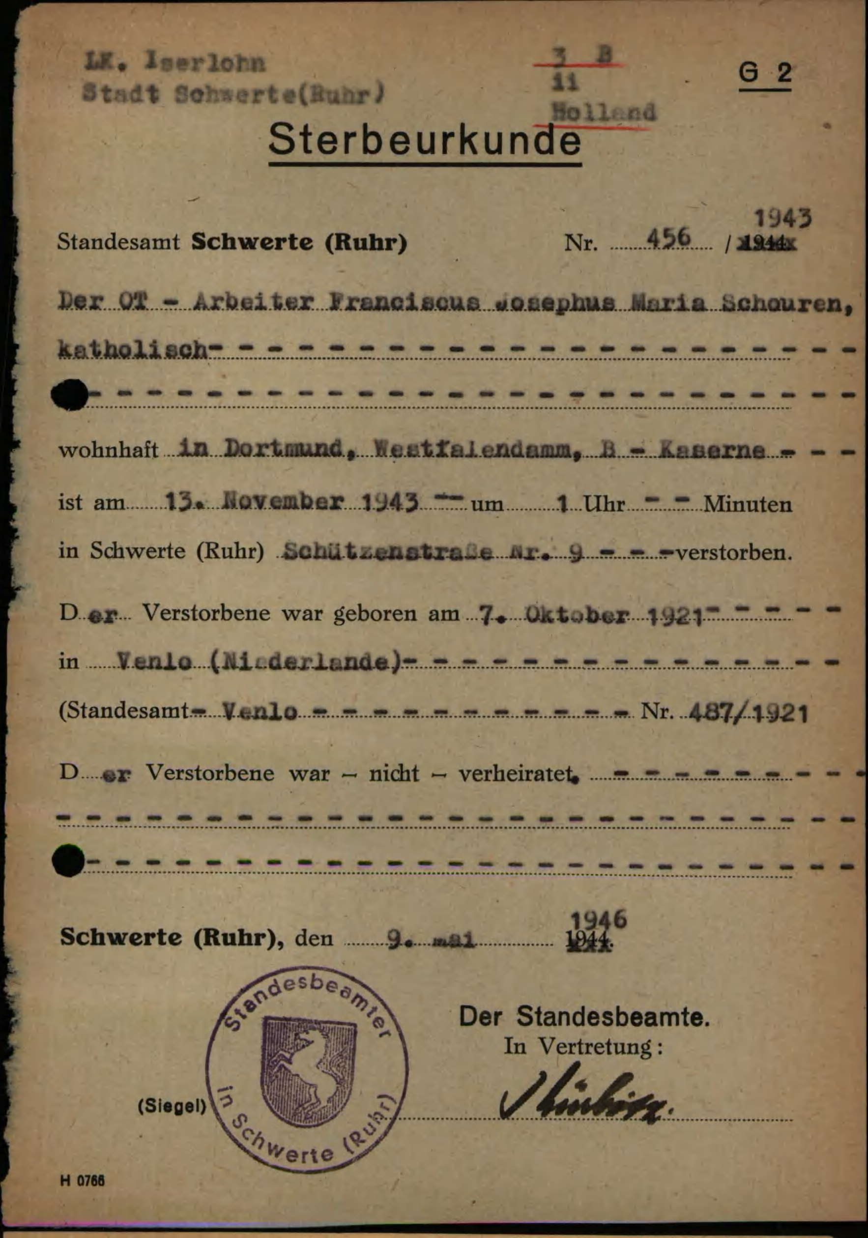 Sterbeurkunde Franciscus Josephus Maria Schouren