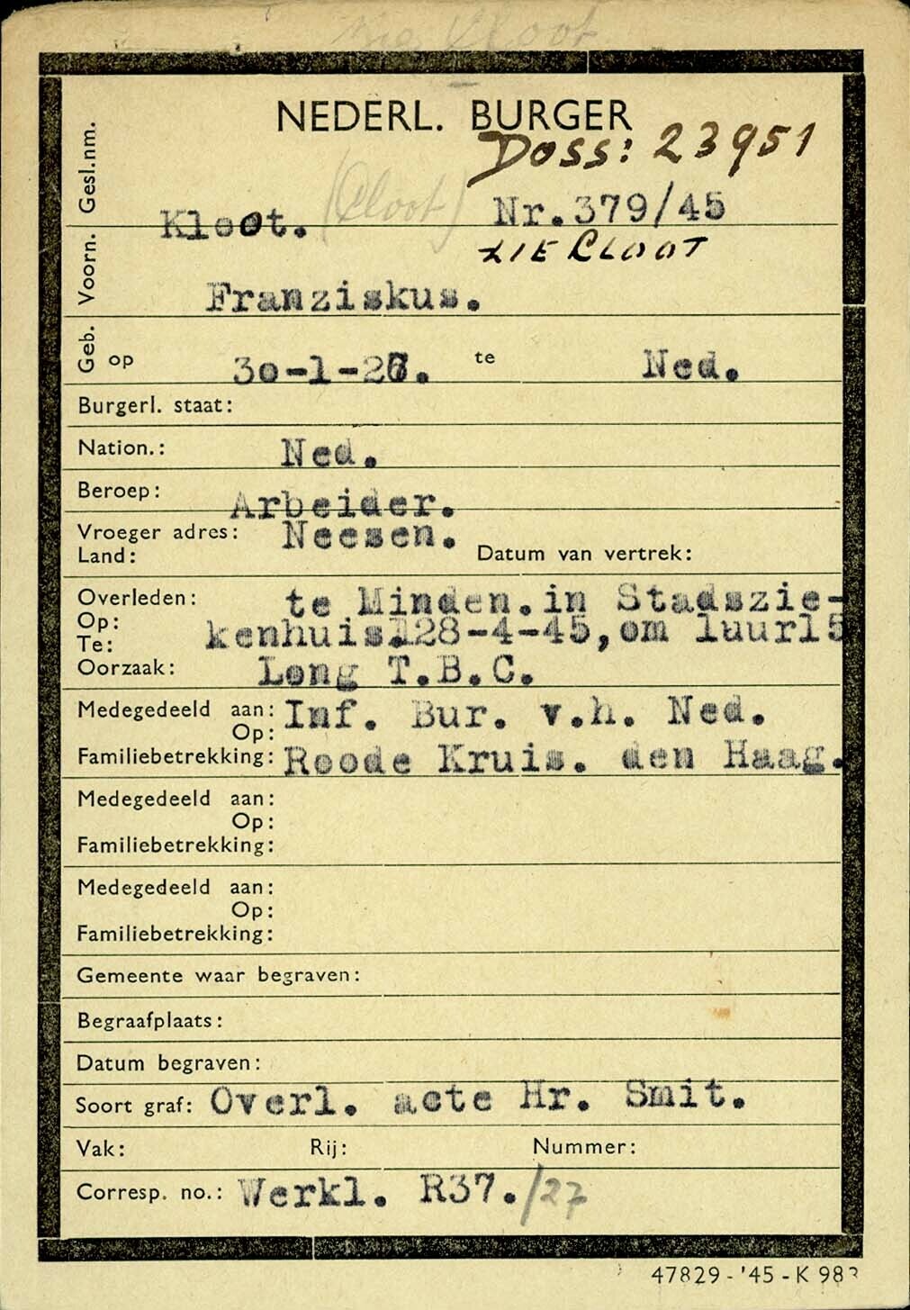 Voorkant CEC kaart Franciscus Maria Cloot